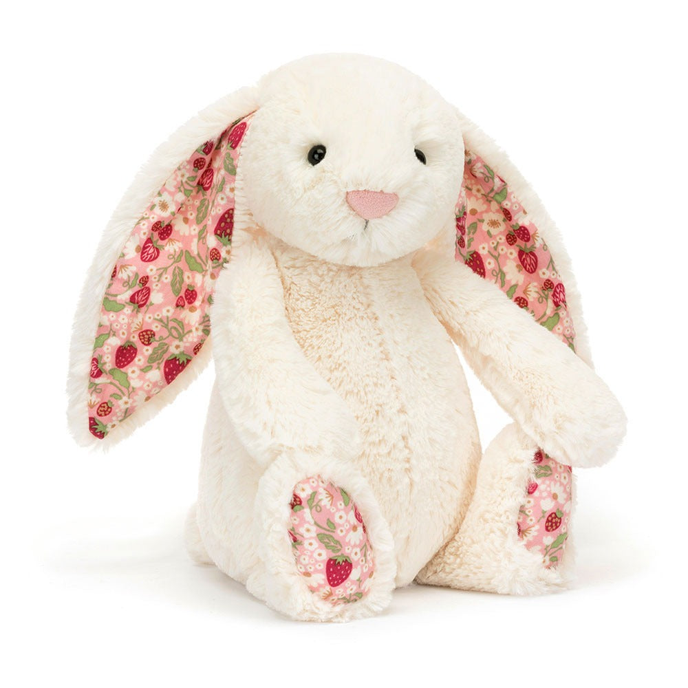 Jellycat Blossom Cream Bunny 'Berry' plush rabbit, cream bashful bunny with strawberry flower printed ears and paws, weighted huggable floral-themed stuffed toy