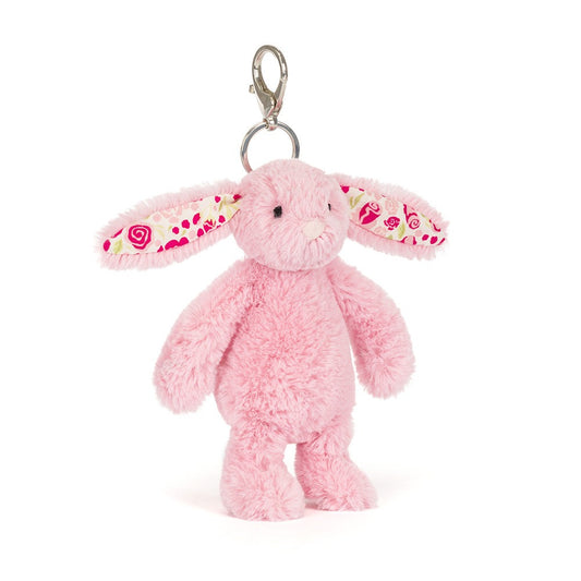 Jellycat Blushkin Blossom Bunny Bag Charm soft pink plush bunny keyring with floral rose fabric inner ears and silver clasp accessory