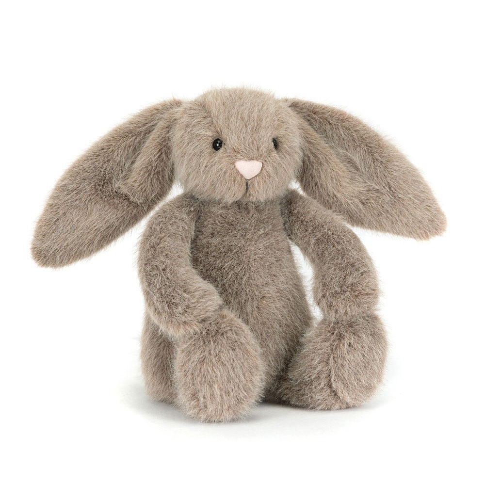 Jellycat Fawn Flufflet Bunny small taupe fluffy lop-eared plush rabbit with fluffy white pom tail and pink suedette nose