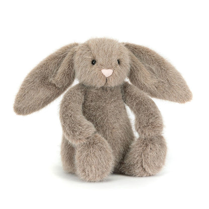 Jellycat Fawn Flufflet Bunny small taupe fluffy lop-eared plush rabbit with fluffy white pom tail and pink suedette nose