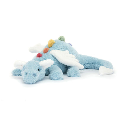 Jellycat Large Sky Dragon plush stuffed toy, sky-blue fluffy dragon with colourful spines and soft cloud wings, weighted magical storyteller fantasy collectible