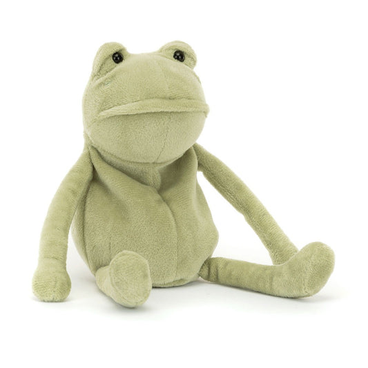 Jellycat Little Fergus Frog soft velvety green frog stuffed doll, slouchy mime frog with hooded sleepy eyes, long floppy arms and weighted bean-filled feet