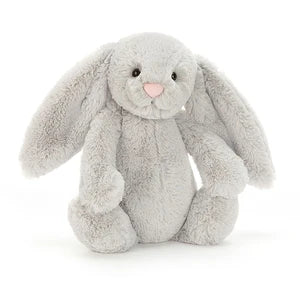 Jellycat Medium Bashful Silver Bunny plush doll, silky pale grey bunny with long floppy ears, suedette pink nose and glossy hard eyes, iconic nursery cuddle toy