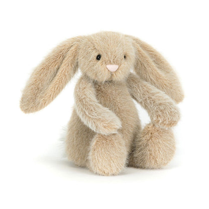 Jellycat Oat Flufflet Bunny small oatmeal fluffy lop-eared plush rabbit with fluffy white pom tail and pink suedette nose