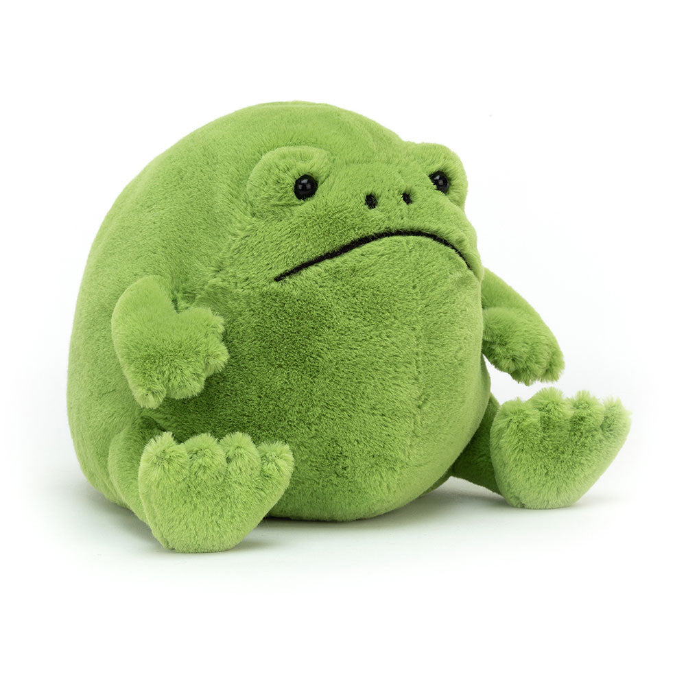 Jellycat Ricky Rain Frog squishy round green rain frog stuffed doll, signature downturned frown, plump beer-bellied body and glossy hard eyes, popular moody frog collectible plush toy