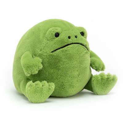 Jellycat Ricky Rain Frog squishy round green rain frog stuffed doll, signature downturned frown, plump beer-bellied body and glossy hard eyes, popular moody frog collectible plush toy