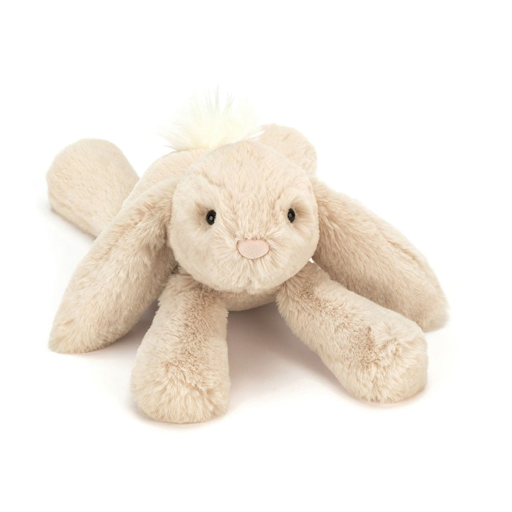 Jellycat Smudge Rabbit fluffy oatmeal floppy ear rabbit stuffed doll, relaxed sleepy facial design, soft suedette nose and tiny fluffy bobtail plush toy