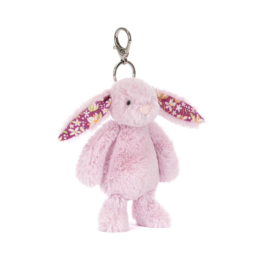 Jellycat Thistlepop Blossom Bunny Bag Charm pastel purple plush bunny keyring with silver claw clip floral detail accessory