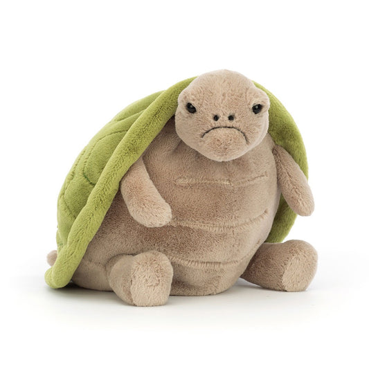 Jellycat Timmy Turtle plush turtle stuffed doll, textured green shell, permanent grumpy frown, squishy weighted limbs, quirky moody reptile cuddle toy