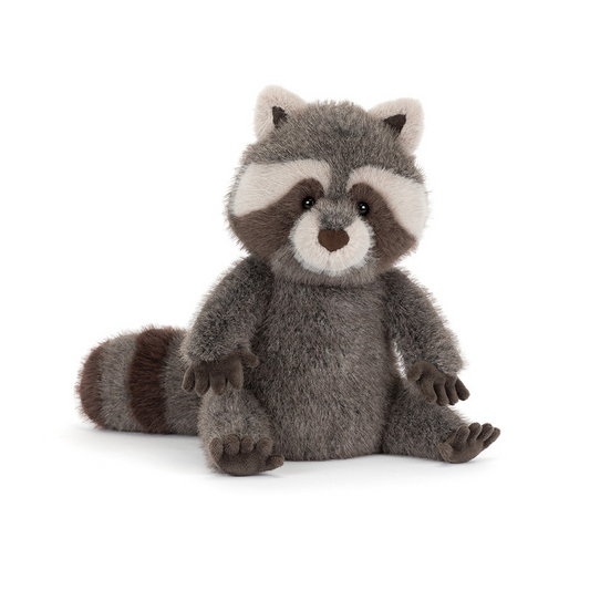 Jellycat Trixiwoo Raccoon plush toy, mischievous wild raccoon stuffed doll with weighted soft filling, cute woodland adventure collectible