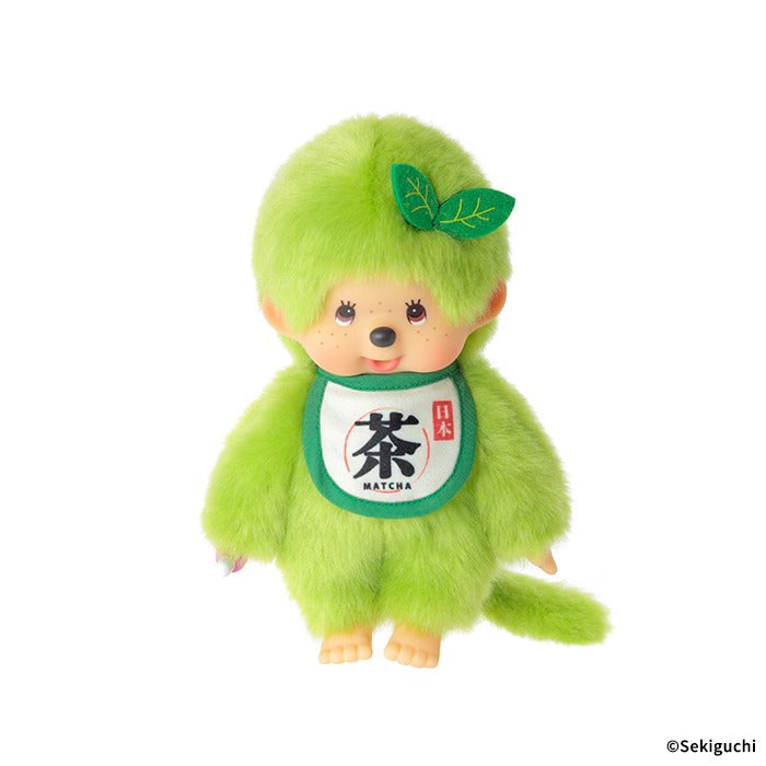 Sekiguchi Matcha Monchhichi boy S-size plush doll, matcha green fuzzy fabric with small sprout leaf on head, bib printed with Chinese character "Cha", Japanese kawaii collectible toy