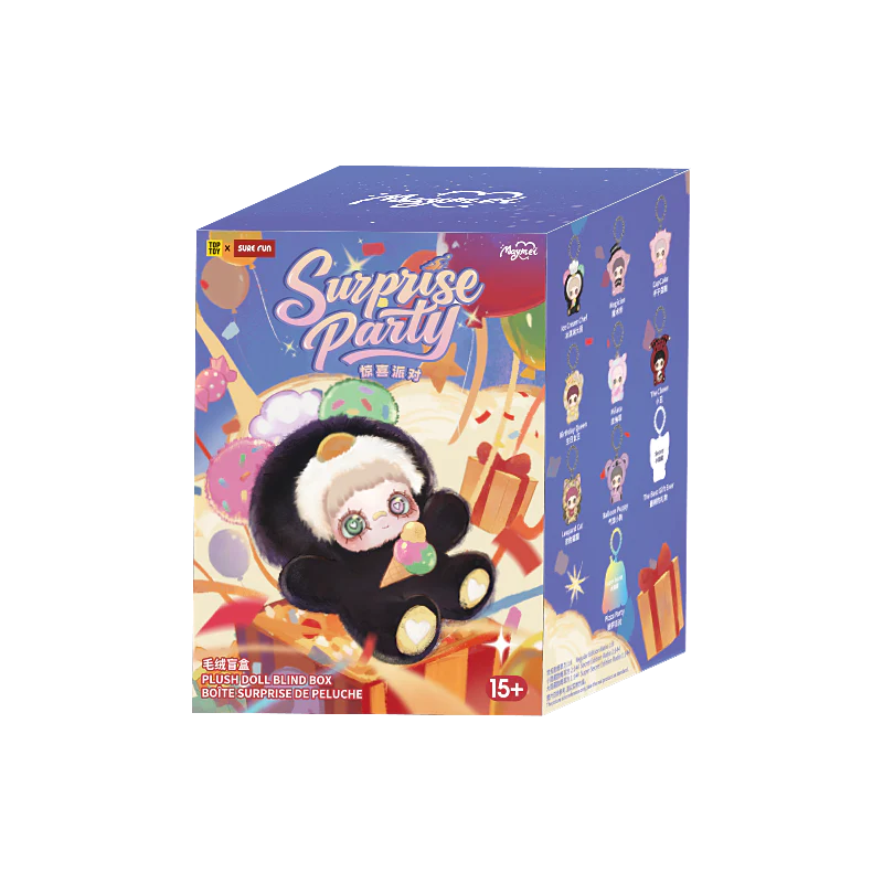 White background studio full set shot of MayMei Surprise Party Series plush doll blind box, TOP TOY kawaii rotatable eye vinyl plush bag charm carnival party collectible mystery toy retail packaging display
