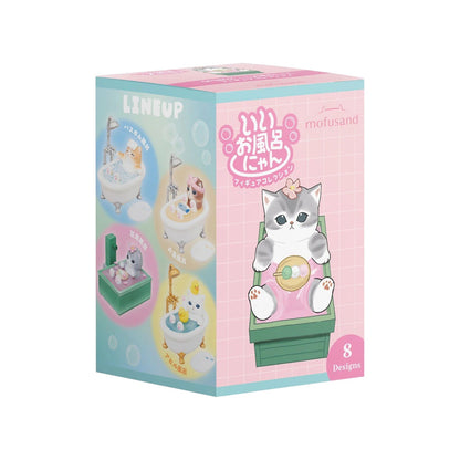 White background product photo of Mofusand Good Bath Nyan cat figure blind box collection, cute relaxing bathtub kawaii kitty miniature PVC figurine retail packaging display