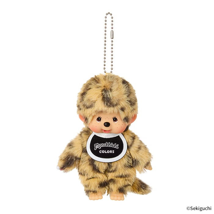 Monchhichi Colors leopard pattern plush keychain, soft mini monkey doll with leopard print fabric, portable bag pendant with metal ball chain
