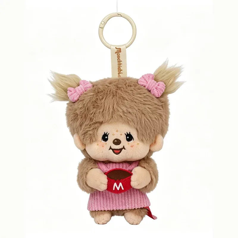 White background studio product shot of Monchhichi x Miniso Mon Mon Farm Coffee Blonde Twin Ponytail Girl Mini Plush Charm, 12cm portable fluffy feminine monkey hanging bag pendant collectible toy display