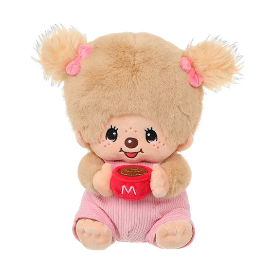 White background studio product photo of Monchhichi x Miniso Mon Mon Farm Coffee Blonde Twin Ponytail Girl Sitting Doll, 30cm crossover feminine fluffy monkey plush collectible toy showcase