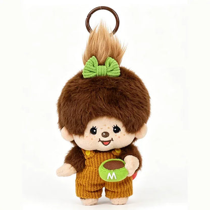 White background studio product shot of Monchhichi x Miniso Mon Mon Farm Coffee Single Ponytail Girl Mini Plush Charm, 12cm portable fluffy feminine monkey hanging bag pendant collectible toy display