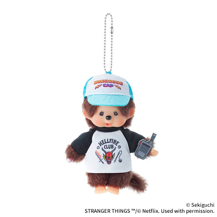 Sekiguchi official Monchhichi x Stranger Things Hellfire Club boy plush keychain, Dustin themed plush with walkie-talkie accessory, limited Netflix crossover collectible bag charm