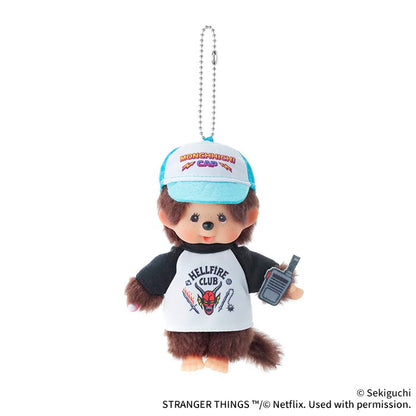 Sekiguchi official Monchhichi x Stranger Things Hellfire Club boy plush keychain, Dustin themed plush with walkie-talkie accessory, limited Netflix crossover collectible bag charm