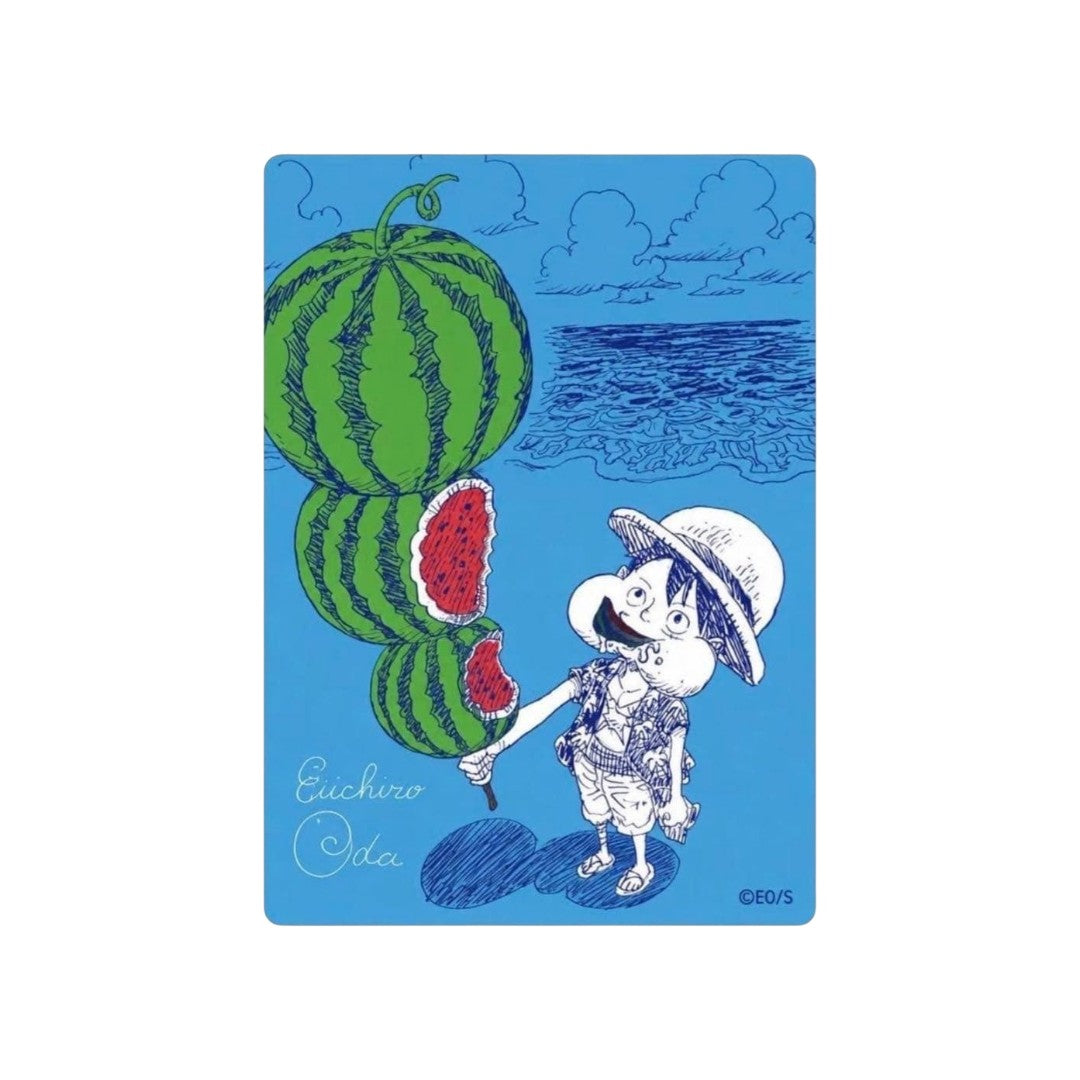 One Piece NatsuComi 2026 Metakira metallic collectible card, Luffy watermelon summer art with Eiichiro Oda signature print