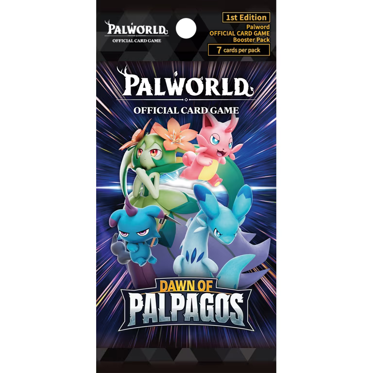Palworld Official Card Game Dawn of Palpagos BP01 English booster pack featuring collectible Palworld trading cards