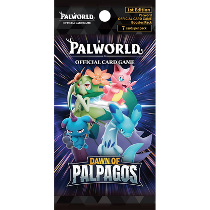 Palworld Official Card Game Dawn of Palpagos BP01 English booster pack featuring collectible Palworld trading cards