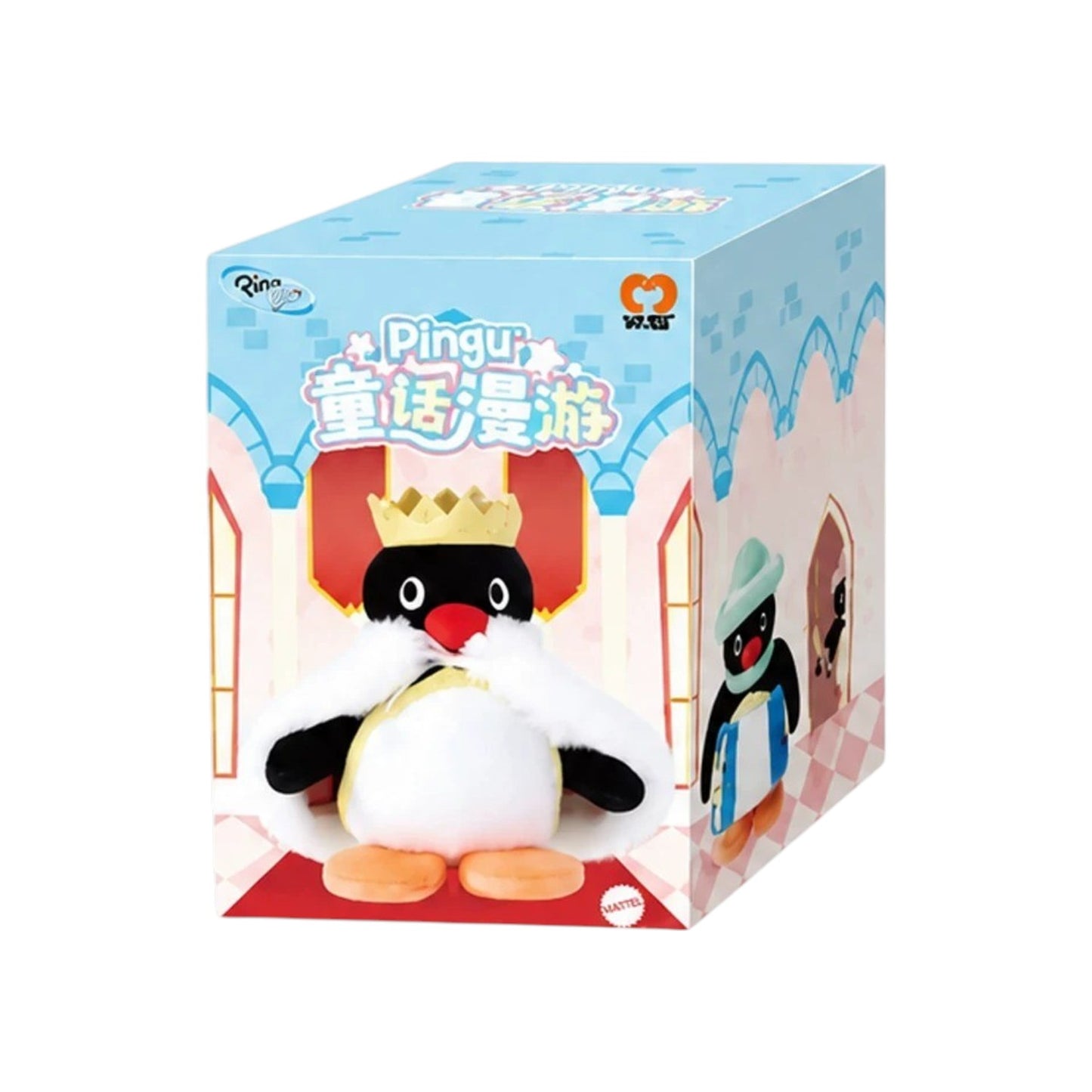 White background studio product shot of Pingu Fairy Tale Wander Series plush charm, classic penguin fairy tale themed mini fluffy hanging bag pendant cartoon collectible toy display