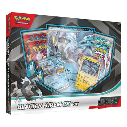Pokémon TCG Black Kyurem ex retail box, icy legendary dragon foil promo trading card collection packaging for sealed case of 6 bulk display
