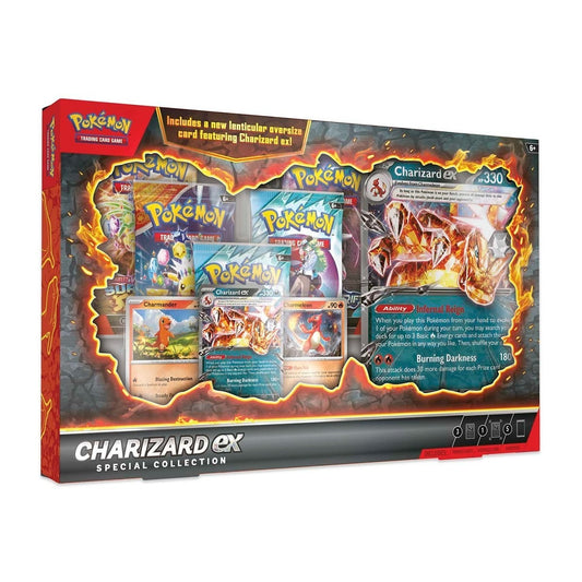Pokémon TCG Charizard ex Special Collection trading card box, flame themed premium Charizard evolution collector display packaging
