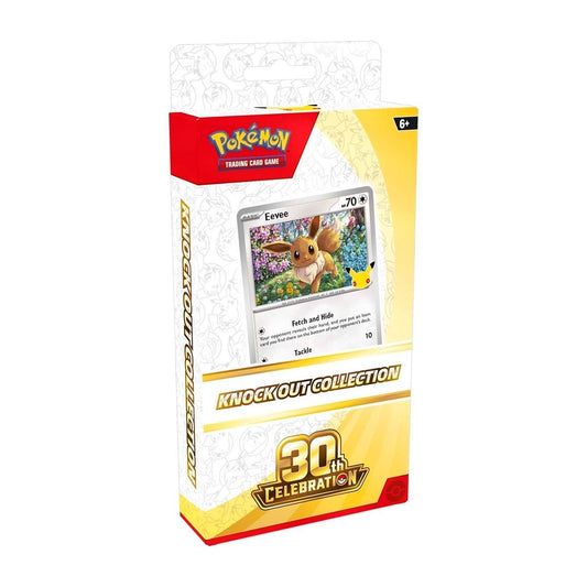 Pokémon TCG 30th Celebration Knock Out Collection hangable blister pack with exclusive Eevee foil promo card artwork