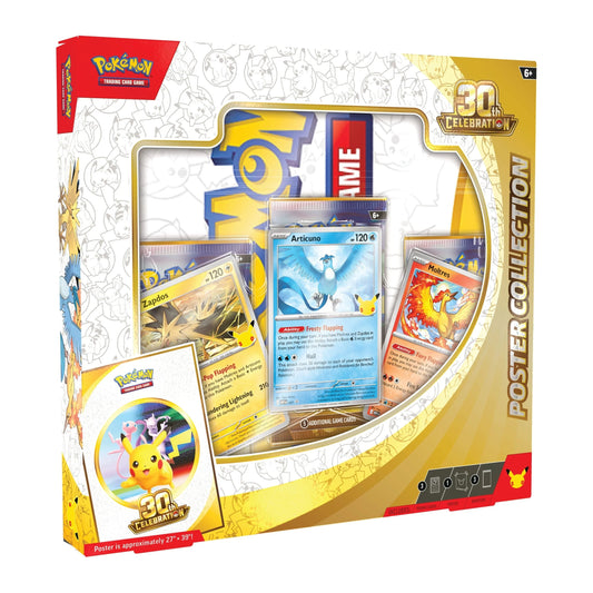 Pokémon TCG 30th Celebration Poster Collection retail box with Kanto legendary bird promo cards