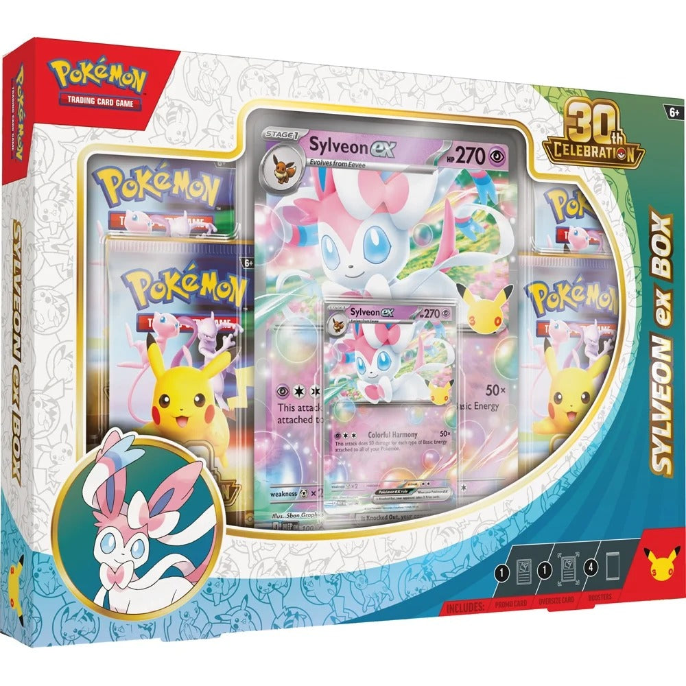 Pokémon TCG 30th Celebration Sylveon ex retail box studio shot with promo card art
