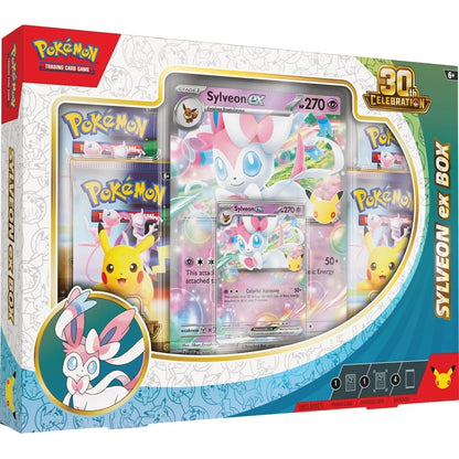 Pokémon TCG 30th Celebration Sylveon ex retail box studio shot with promo card art