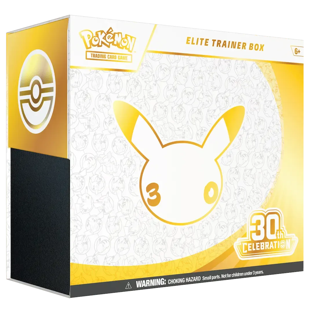 Pokémon TCG 30th Celebration standard Elite Trainer Box retail product box with golden Pikachu outline desi