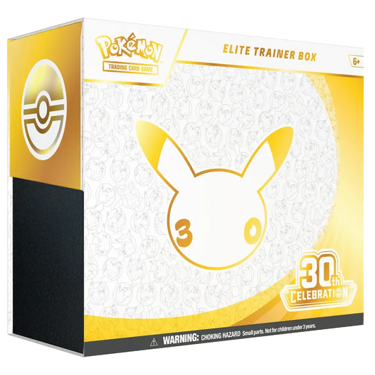Pokémon TCG 30th Celebration standard Elite Trainer Box retail product box with golden Pikachu outline desi