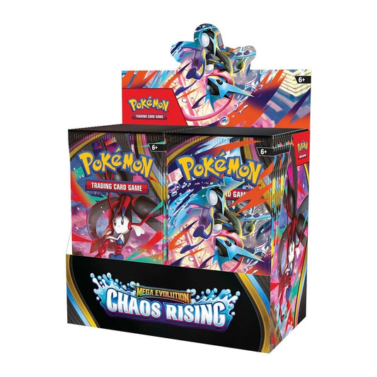 Pokémon TCG Mega Evolution - Chaos Rising factory sealed booster display box, official trading card collection box featuring Mega Greninja ex and Mega Floette ex artwork