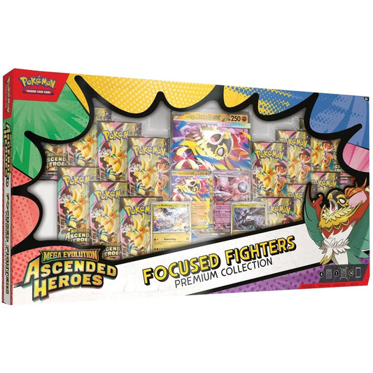 Pokémon TCG Mega Evolution Ascended Heroes Focused Fighters Premium Collection Box with 14 booster packs and Mega Hawlucha ex promo cards