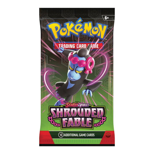 Pokémon TCG Scarlet and Violet Shrouded Fable English booster pack featuring collectible Pokémon trading cards