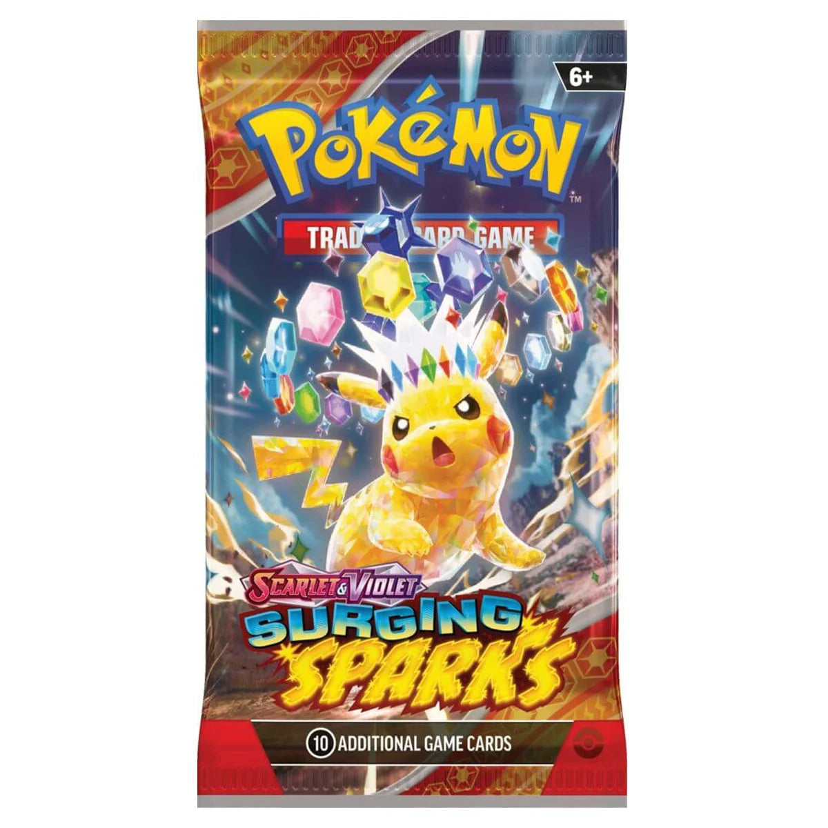 Pokémon TCG Scarlet and Violet Surging Sparks SV08 English single booster pack featuring Pikachu ex artwork