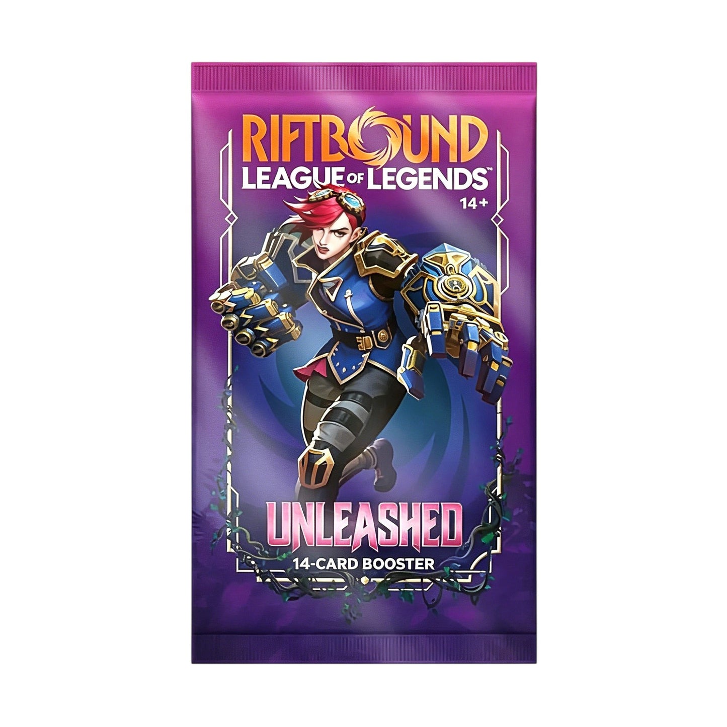 Riftbound League of Legends TCG Unleashed single booster pack, 14-card English pack featuring Vi, Rengar, Poppy & LeBlanc cards with alternate art variants