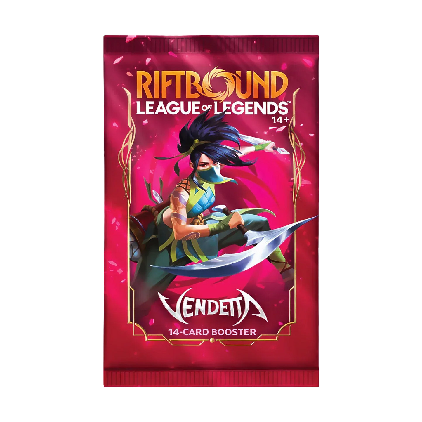 Riftbound League of Legends TCG Vendetta booster pack featuring Akali artwork, sealed 14-card trading card game expansion pack retail packagingRiftbound League of Legends TCG Vendetta booster pack featuring Akali artwork, sealed 14-card trading card game expansion pack retail packaging
