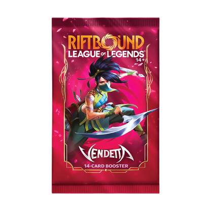Riftbound League of Legends TCG Vendetta booster pack featuring Akali artwork, sealed 14-card trading card game expansion pack retail packagingRiftbound League of Legends TCG Vendetta booster pack featuring Akali artwork, sealed 14-card trading card game expansion pack retail packaging