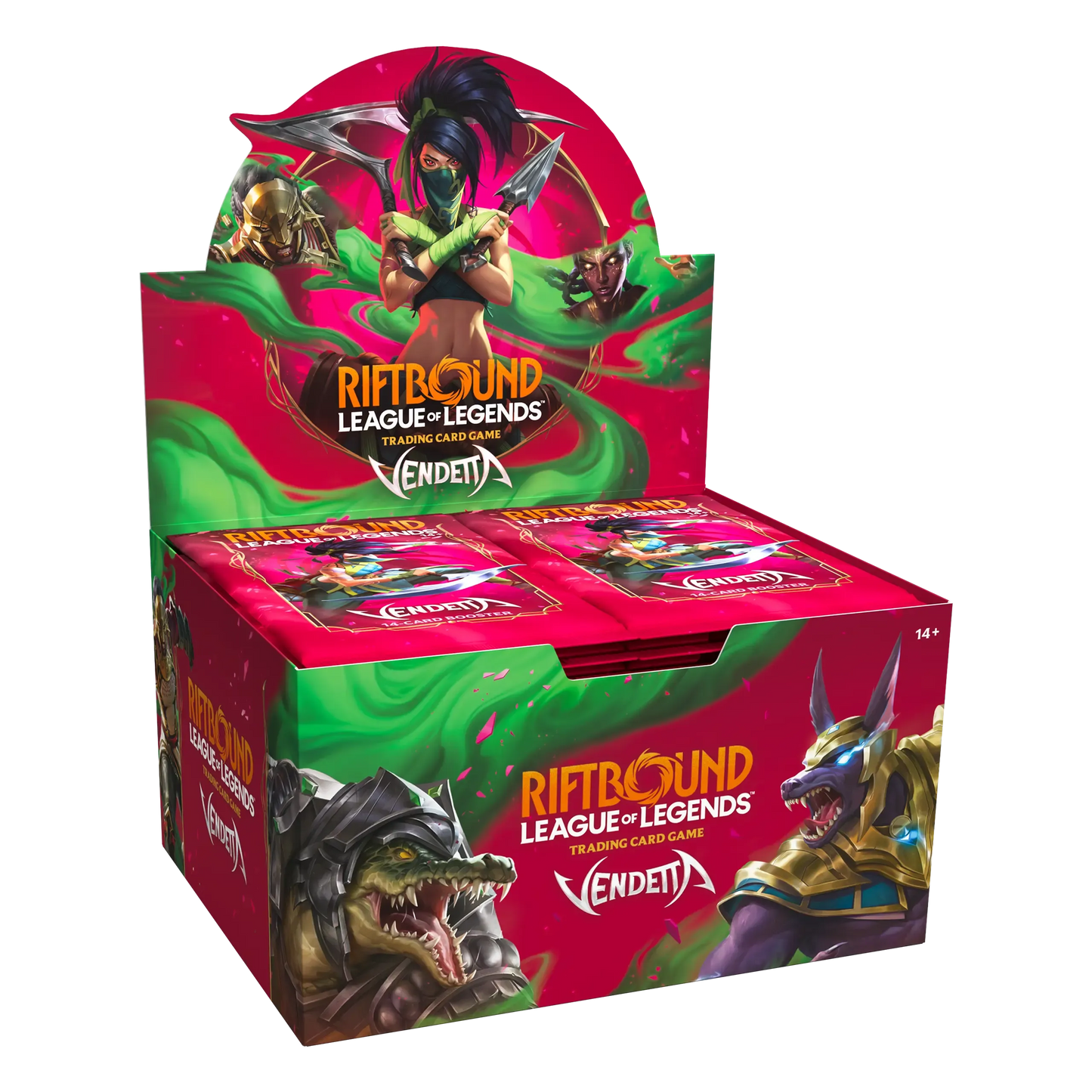 Riftbound League of Legends TCG Vendetta sealed booster display box featuring Akali, Renekton and Nasus artwork, 24-pack factory sealed trading card expansion retail box