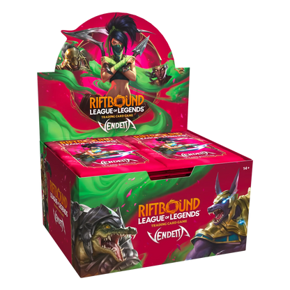 Riftbound League of Legends TCG Vendetta sealed booster display box featuring Akali, Renekton and Nasus artwork, 24-pack factory sealed trading card expansion retail box