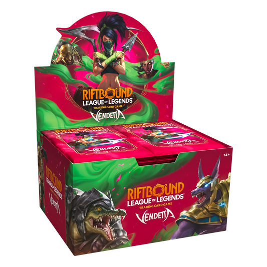 Riftbound League of Legends TCG Vendetta sealed booster display box featuring Akali, Renekton and Nasus artwork, 24-pack factory sealed trading card expansion retail box