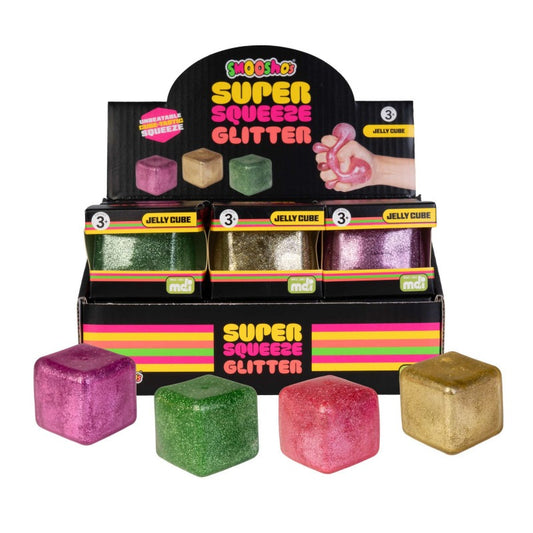 Smoosho's Jelly Cube Glitter squishy sensory toy with glitter-filled jelly cube