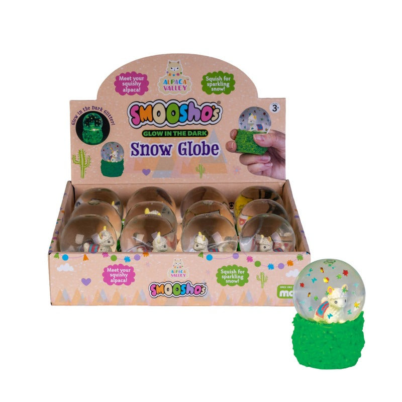 Smooshos Glow in the Dark Alpaca Snow Globe squish toy, translucent glitter-filled alpaca sensory stress relief fidget retail packaging