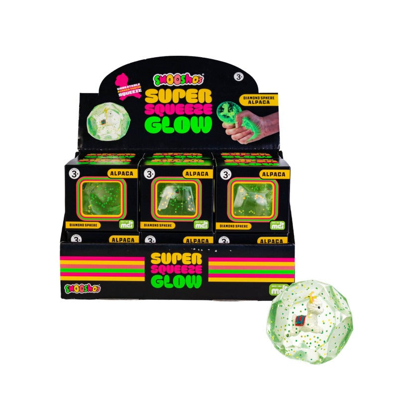 Smooshos Glow in the Dark Alpaca Super Squeeze squish toy, translucent glitter alpaca diamond sphere sensory stress relief fidget retail packaging