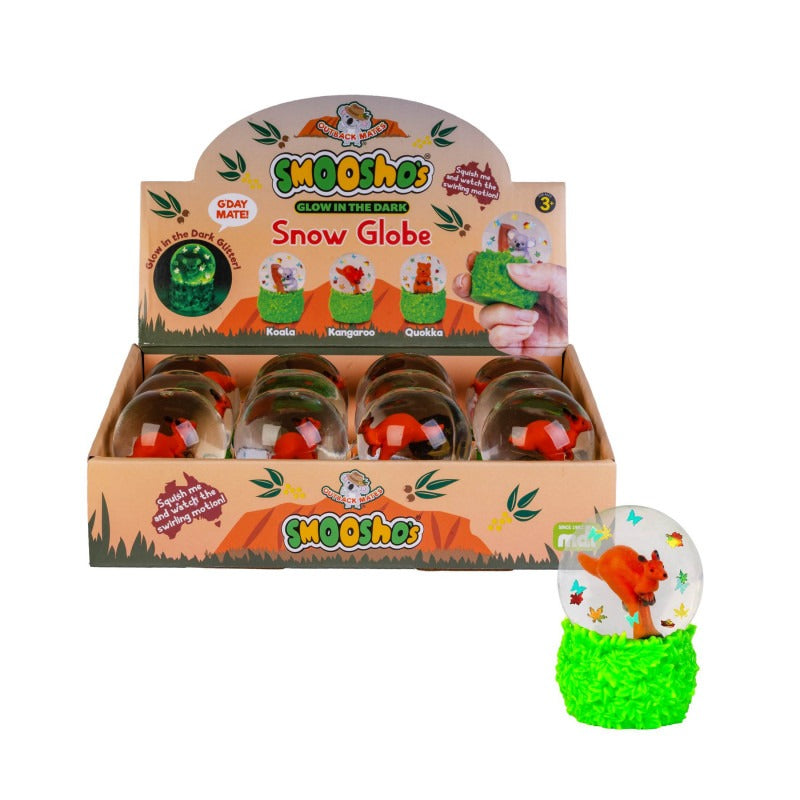 Smooshos Glow in the Dark Kangaroo Snow Globe squish toy, translucent glitter-filled kangaroo sensory stress relief fidget retail packaging