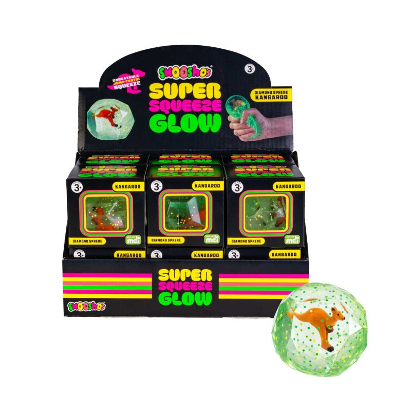 Smooshos Glow in the Dark Kangaroo Super Squeeze squish toy, translucent glitter kangaroo diamond sphere sensory stress relief fidget retail packaging